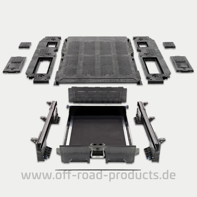 Decked Schubladensystem VY für den Ford Ranger 2023+ Extrakabiner in Einzelteilen abgebildet.