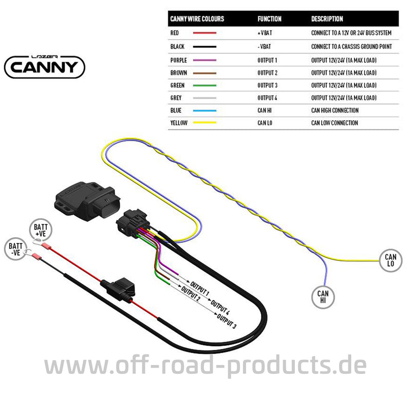 Detailansicht des Kabelbaums mit Farbcodierung für CAN-Hi, CAN-Lo, Plus- und Masseleitungen.