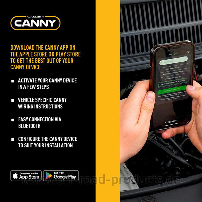Darstellung der CANNY.LZR App als Steuerungstool zur Programmierung und Synchronisierung per Smartphone.