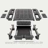 Decked Schubladensystem VY für den Ford Ranger 2023+ Doppelkabiner in Einzelteilen abgebildet.