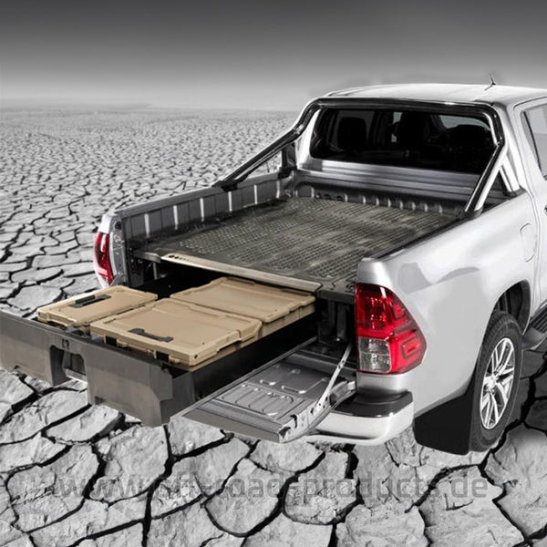 Decked Schubladensystem VY für den Toyota Hilux Doppelkabiner ab 2016 + und 2019+. Einzelschublade mit 180 kg Belastbarkeit.