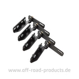 Montageset für Windschild am Dachträger: schwarze Halteklammern und Schraubbolzen
